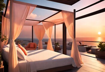 Tranquil escape: bedroom with canopy bed and ocean vista, Serene bedroom with a canopy bed by the sea, Luxurious canopy bed facing the ocean view. - obrazy, fototapety, plakaty