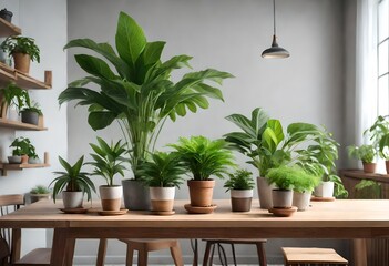 Serene display of indoor plants on a table, Vibrant foliage in pots against wooden surface, Lush green potted plants on rustic wooden table.