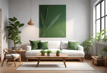 Chic and airy living space featuring a harmonious blend of green plants and crisp white furnishings, A serene living room adorned with lush green plants and elegant white furniture.
