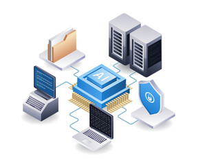 Artificial intelligence technology controls cloud server security, flat isometric 3d illustration