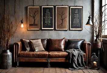 Classic living room ambiance with a leather couch and decorative frames, Cozy leather sofa in a room filled with framed artwork, Stylish living room with leather couch and framed pictures.