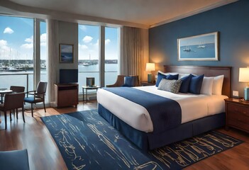 Peaceful room décor in blue tones with lovely waterfront outlook, Relaxing hotel space featuring blue walls and picturesque water scenery, Tranquil accommodation.