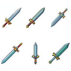 Cartoon game sword. Simple battle set swords. Medieval symbol icon  isolated. Set rpg gaming weapon.  Military cartoon  sword for game. On white background. Vector illustration.