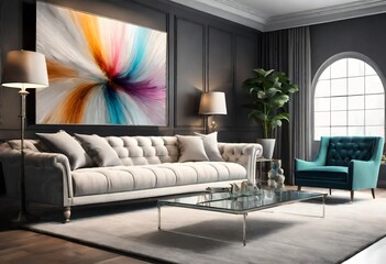 Abstract painting on wall complements stylish living room setting, Colorful artwork enhances contemporary living space ambiance, Vibrant abstract painting adds a pop of color to modern living room.