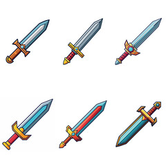 Cartoon game sword. Simple battle set swords. Medieval symbol icon  isolated. Set rpg gaming weapon.  Military cartoon  sword for game. On white background. Vector illustration.