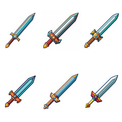 Cartoon game sword. Simple battle set swords. Medieval symbol icon  isolated. Set rpg gaming weapon.  Military cartoon  sword for game. On white background. Vector illustration.