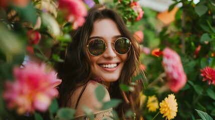 A cheerful portrait of a beautiful smiling brunette young natural woman wearing sunglasses, surrounded by colorful blooms in a botanical garden, exuding joy and vitality