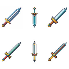 Cartoon game sword. Simple battle set swords. Medieval symbol icon  isolated. Set rpg gaming weapon.  Military cartoon  sword for game. On white background. Vector illustration.