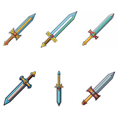 Cartoon game sword. Simple battle set swords. Medieval symbol icon  isolated. Set rpg gaming weapon.  Military cartoon  sword for game. On white background. Vector illustration.