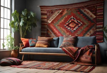 Warm ambiance with modern couch and striking kilim rug, Inviting space with elegant couch and colorful kilim rug, Classic living room with cozy couch and vibrant kilim rug.