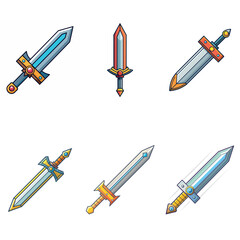 Cartoon game sword. Simple battle set swords. Medieval symbol icon  isolated. Set rpg gaming weapon.  Military cartoon  sword for game. On white background. Vector illustration.