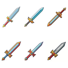 Cartoon game sword. Simple battle set swords. Medieval symbol icon  isolated. Set rpg gaming weapon.  Military cartoon  sword for game. On white background. Vector illustration.