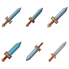 Cartoon game sword. Simple battle set swords. Medieval symbol icon  isolated. Set rpg gaming weapon.  Military cartoon  sword for game. On white background. Vector illustration.