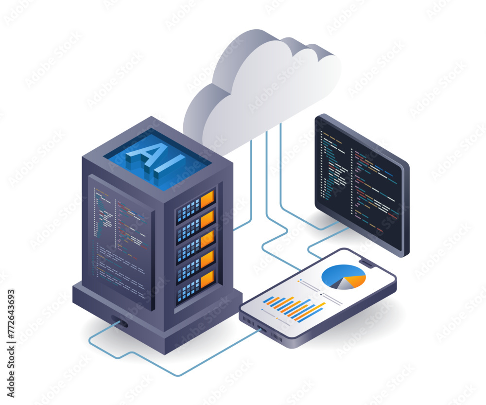 Poster Artificial intelligence cloud server programmer, flat isometric 3d illustration