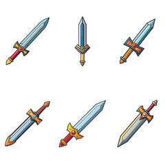 Cartoon game sword. Simple battle set swords. Medieval symbol icon  isolated. Set rpg gaming weapon.  Military cartoon  sword for game. On white background. Vector illustration.
