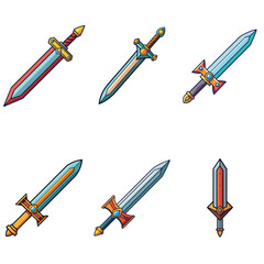 Cartoon game sword. Simple battle set swords. Medieval symbol icon  isolated. Set rpg gaming weapon.  Military cartoon  sword for game. On white background. Vector illustration.