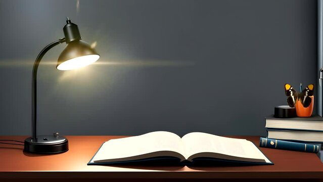 open books on the table and a study lamp, with a library. Seamless looping 4k time-lapse video animation background