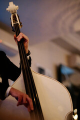 A man plays a white double bass