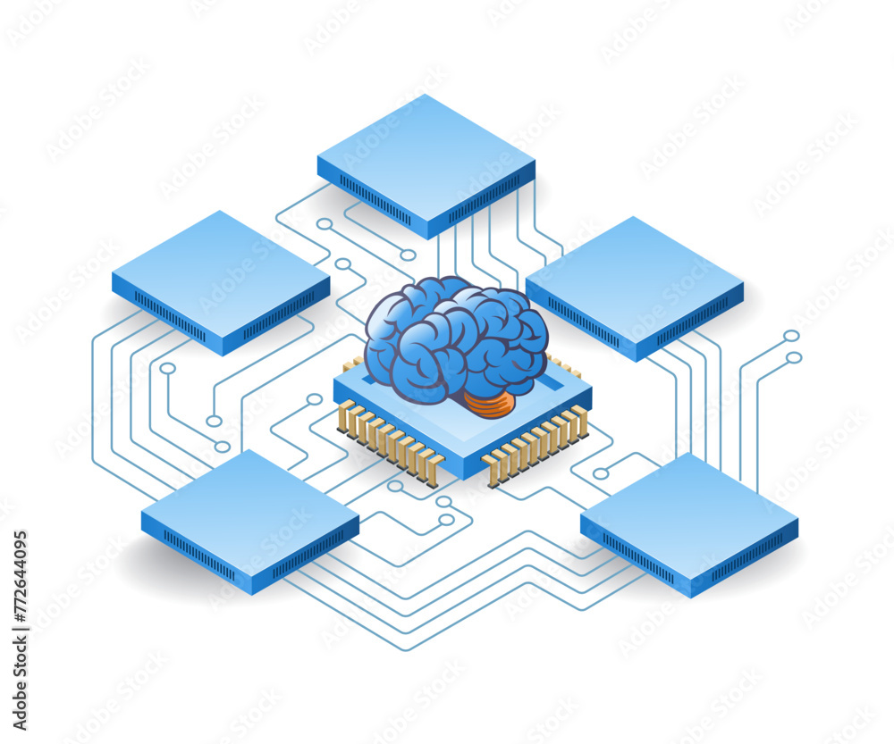 Poster artificial intelligence network technology data server concept, flat isometric 3d illustration