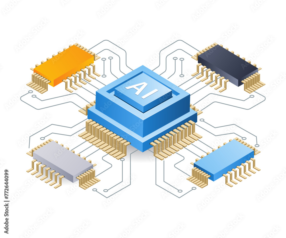 Aufkleber artificial intelligence powered chip technology, flat isometric 3d illustration