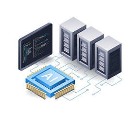 Artificial intelligence server computer technology concept, flat isometric 3d illustration