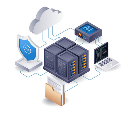 Artificial intelligence for cloud server security, flat isometric 3d illustration