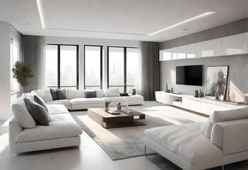 Naklejka na ściany i meble Contemporary home interior with white décor and a flat screen TV as focal point, Clean and bright living room setup with white furnishings and a modern TV, Sleek modern living room.