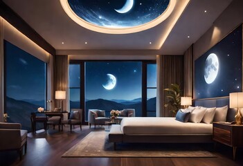 Starlit bedroom sanctuary, Dreamy bedroom under moon and stars, Serene bedroom with celestial ceiling.