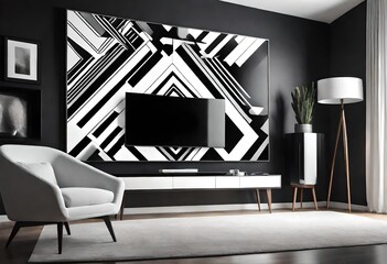 Minimalist living space with TV in black and white, Stylish black and white lounge with a TV set, Cozy black and white living room with TV.