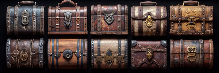 Set of Antique Chests, Old Suitcases, Pirate Chests, on White Background