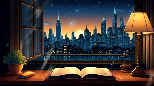 book open on a table at night with a lamp in the window with a view of the city. Seamless looping 4k time-lapse video animation background