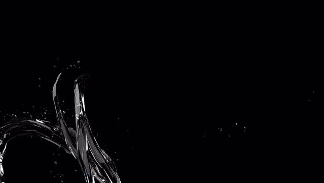 Closeup slow motion Water splashing flow follow turn isolate on black background. 3D animation. 4K	
