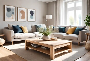 Beige and blue color scheme in a chic modern living area, Contemporary living room featuring beige...