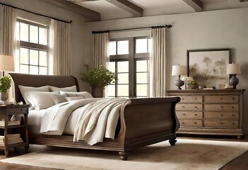 Inviting bedroom setting with a lovely sleigh bed and complementary dresser, Serene bedroom ambiance with a charming sleigh bed and dresser, Stylish bedroom décor with a sleek sleigh bed. - obrazy, fototapety, plakaty