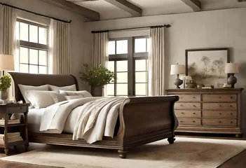 Fotobehang Inviting bedroom setting with a lovely sleigh bed and complementary dresser, Serene bedroom ambiance with a charming sleigh bed and dresser, Stylish bedroom décor with a sleek sleigh bed. © Johnny Sins