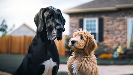 Goldendoodle Puppy looking up at his Great Dane Friend - obrazy, fototapety, plakaty