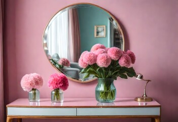 Pink floral centerpiece with mirror on table, Table set with pink flowers and reflecting mirror, Table adorned with pink blooms and mirror, Pink flowers on table with mirror.