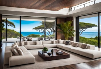 Relaxing living room with ocean backdrop, Room with a view: peaceful ocean scenery, Serene ocean view from a cozy living room.