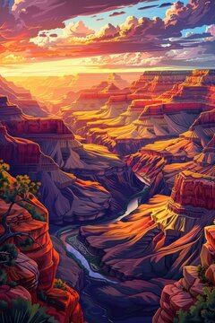 a breathtaking poster capturing the immense beauty and grandeur of the Grand Canyon. illustration made with generative AI