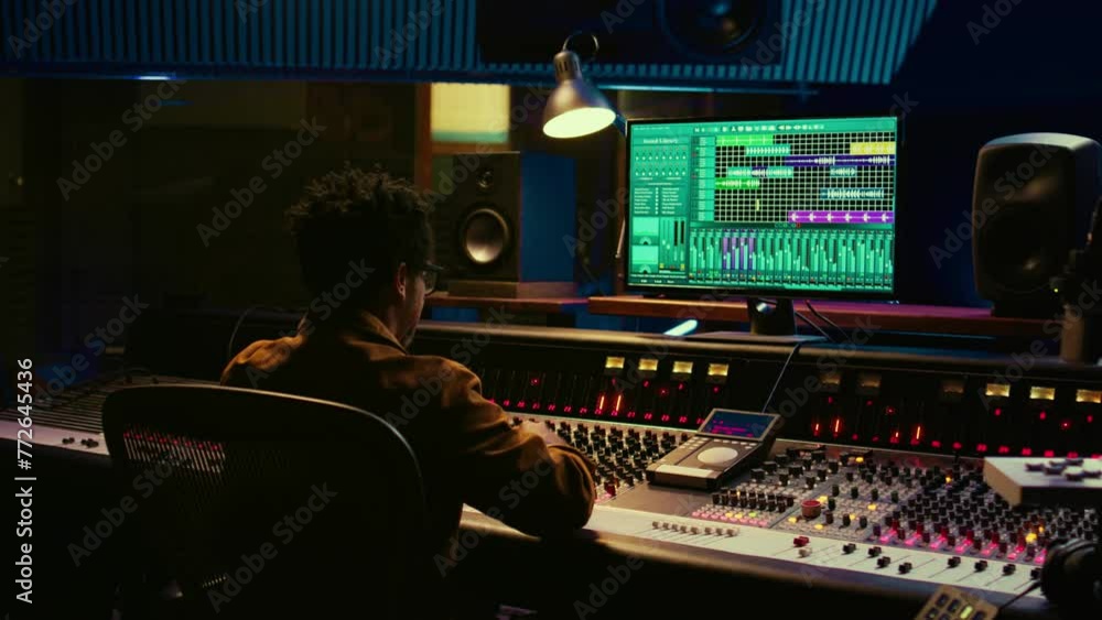 Fototapete Audio expert counts down for artist singing in vocal booth, recording tracks to edit them after in post production. Producer operates mixing console and buttons or sliders, control room. Camera B.