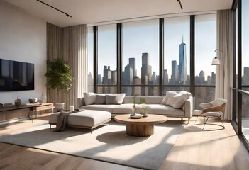 Cityscape panorama framed by spacious living room windows, Scenic city skyline visible from bright and airy living room, Sunlight streaming through floor-to-ceiling windows overlooking cityscape.