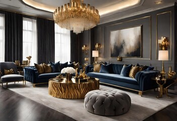 Stunning chandelier illuminating a living room adorned with gold and blue furniture, Classic yet modern living room design with gold and blue accents, Luxurious décor in a living room.