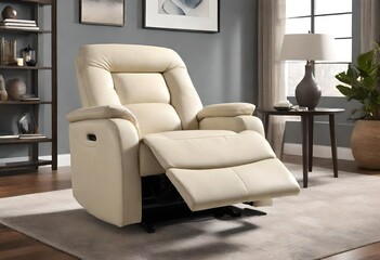 Comfort meets elegance with this cream leather recliner chair, Relax in style with a sleek cream leather recliner, Cream leather recliner chair in cozy living room setting.
