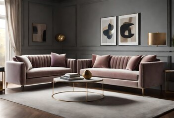 Modern glam: pink velvet sofa and gold coffee table in a cozy living room, Chic living room setup with pink velvet sofa and gold coffee table, Luxurious home decor: pink velvet sofa and gold coffee.