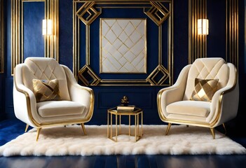 Luxurious furnishings in gold and blue hues complementing the modern living room décor, Stylishly decorated living room with a color scheme of gold and blue for a sophisticated look.