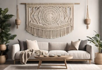 Embellished living room with elegant beige sofa and macramé wall hanging, Relaxing atmosphere with beige sofa and woven wall art. , Neutral tones in living room with macramé wall décor.  