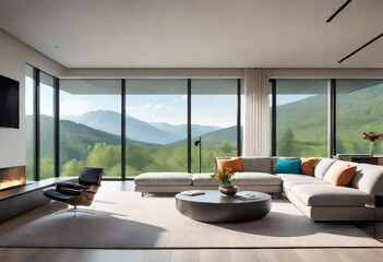 Peaceful living room setting with a picturesque mountain backdrop, Mountainous landscape framed by the expansive windows of a home's living area, Serene interior with panoramic mountain scenery.