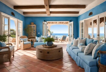 Relaxing coastal living room with ocean backdrop, Blue-walled living room with stunning ocean vista, Serene living room with blue walls overlooking ocean view.