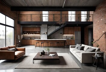Loft living room design with prominent staircase, Stylish urban living space featuring staircase, Modern loft with staircase in industrial décor.