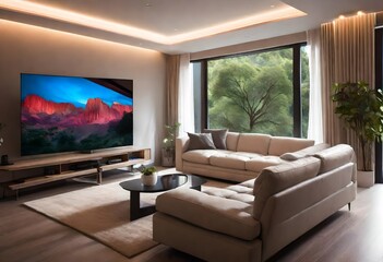 Relaxing space with wall-mounted television, Stylish lounge area with widescreen television, Cozy home setup with flat panel TV.